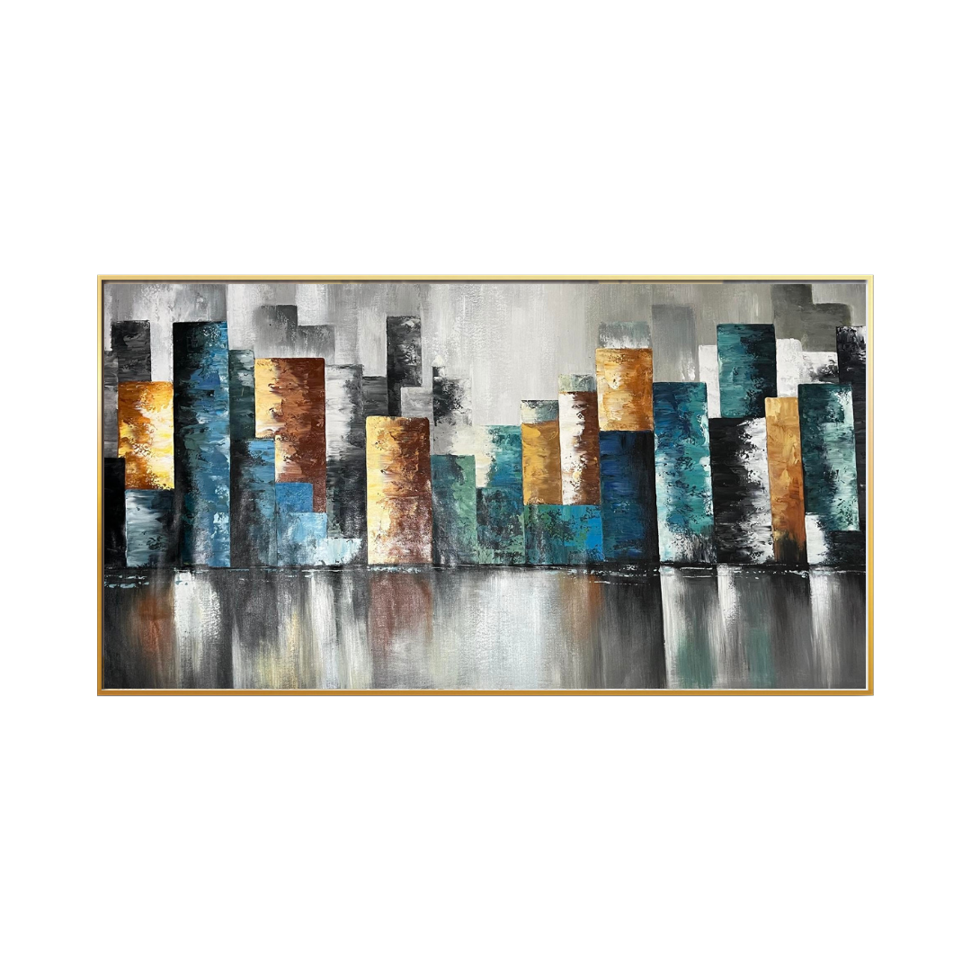 HP045 Abstract Cityscape in Blue and Yellow Hues Hand-Painted Wall Decor